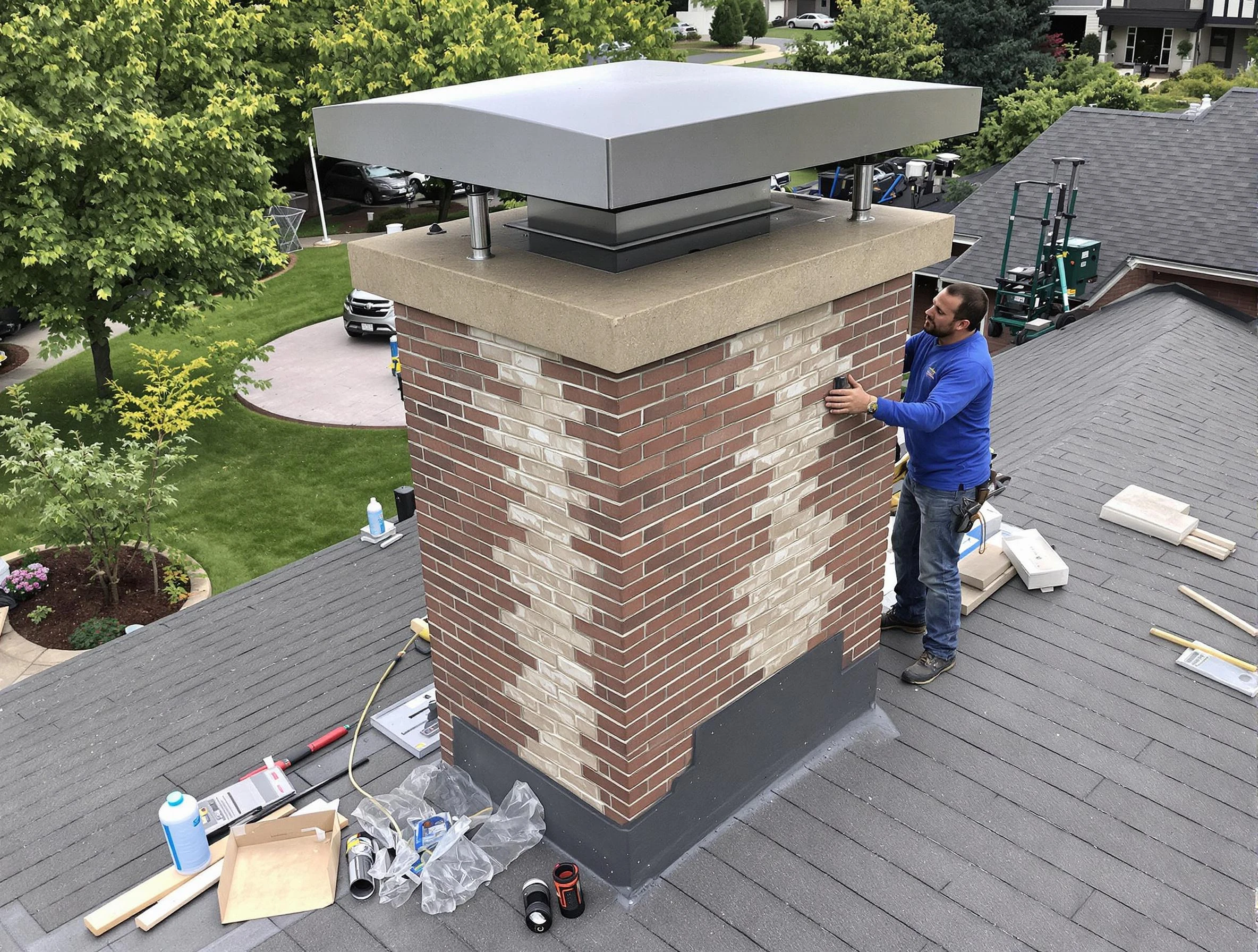 Clarkston Chimney Sweep team working on a custom chimney remodel in Clarkston, GA